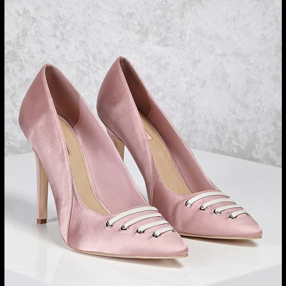 Forever 21 Pink Satin Lace Up Pointed Heels